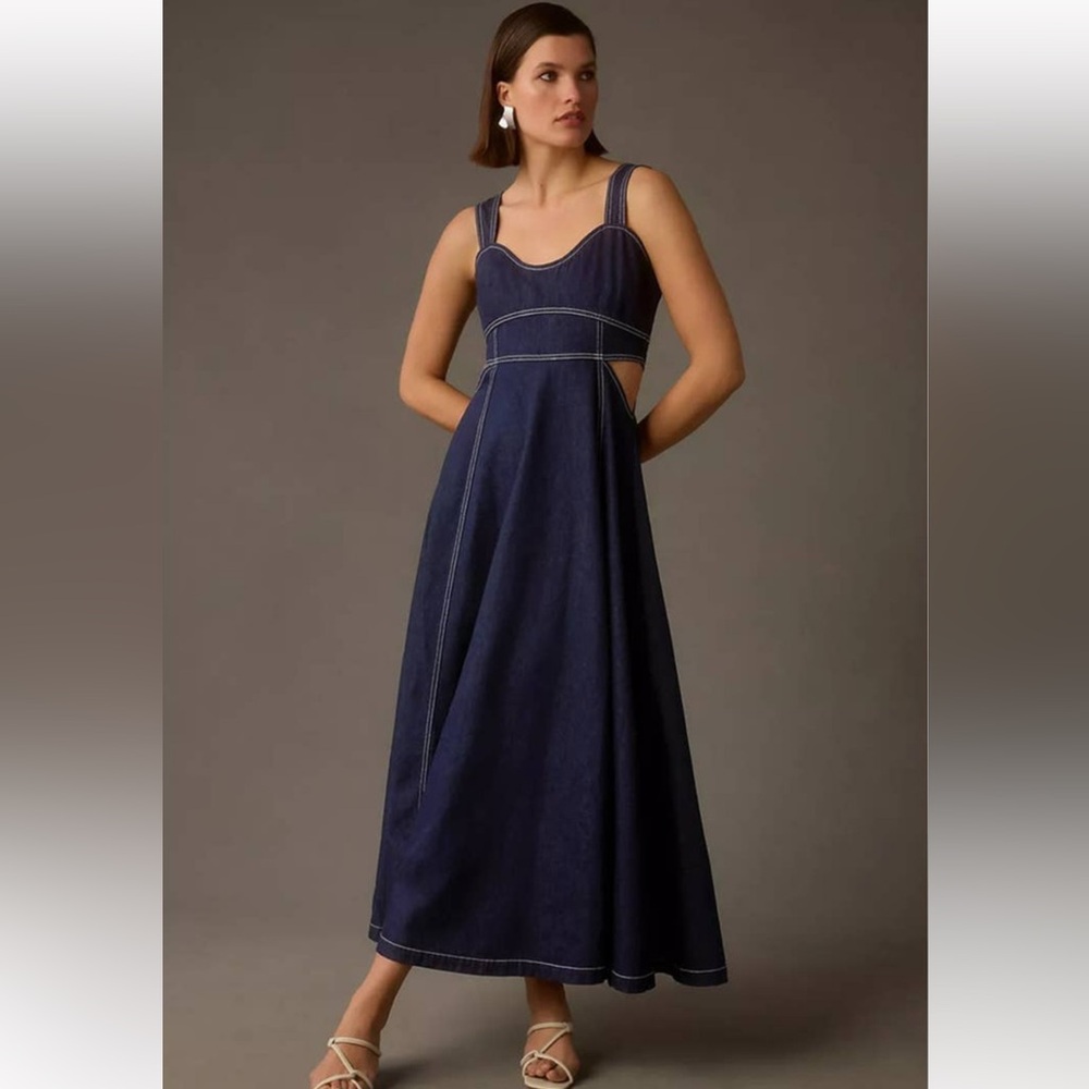 Aureta x Anthropologie Denim Corset Cutout Maxi Dress